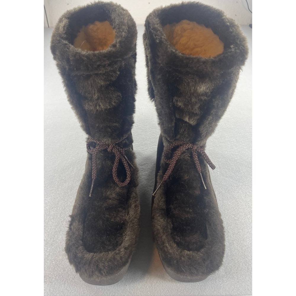 Snowland Vintage Womens Boots‎ Faux Fur Trim Moccasin Brown Suede Fleece Lined 8